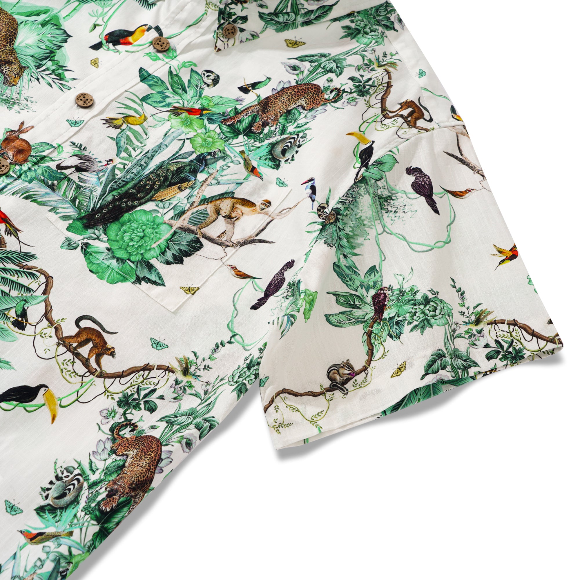 Chemise hawaïenne pour homme à manches courtes, boutonnée, 100 % coton, verte, Aloha, évasion tropicale dans la jungle.