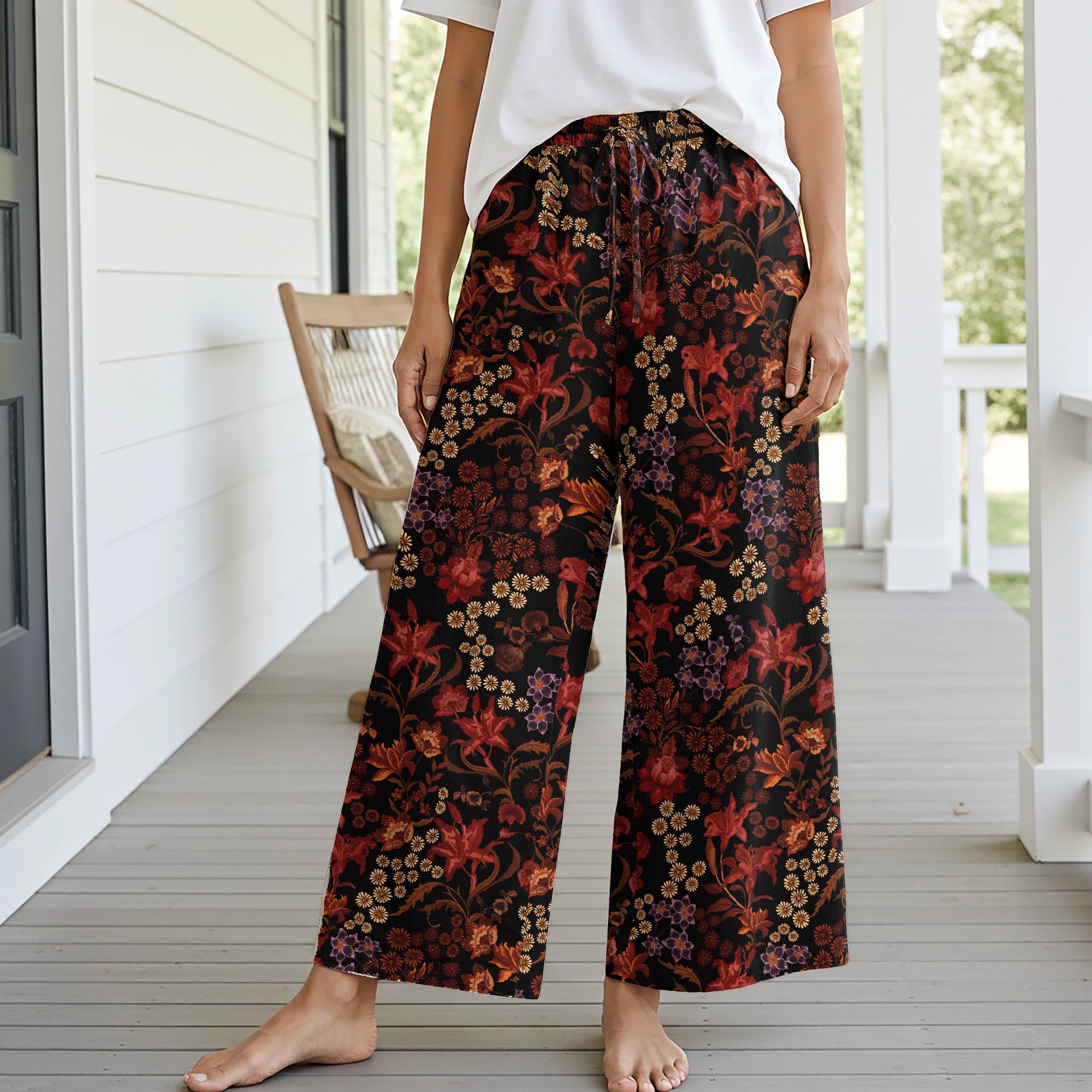 Women Casual Pants Lounge Elastic Waist Drawstring with Pockets 93% Lyocell, 7% Linen Red Aloha Dark Floral Legend