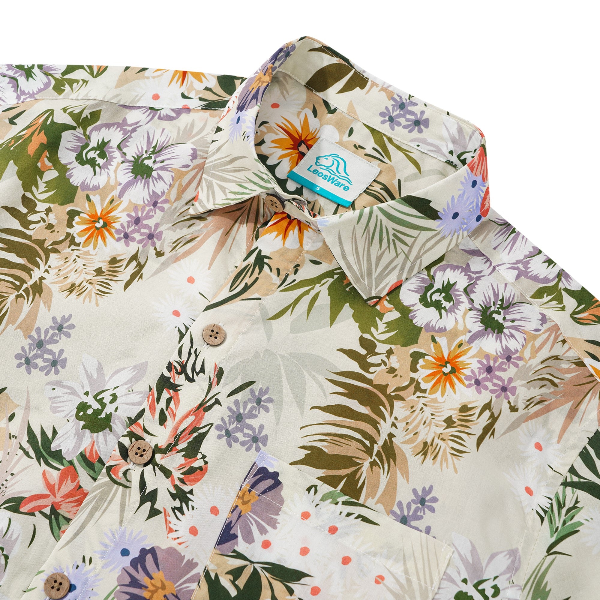 LeosWare® Men's Hawaiian Shirt Short Sleeve Button-up 100% Cotton Beige Aloha Tropical Flower Silhouette