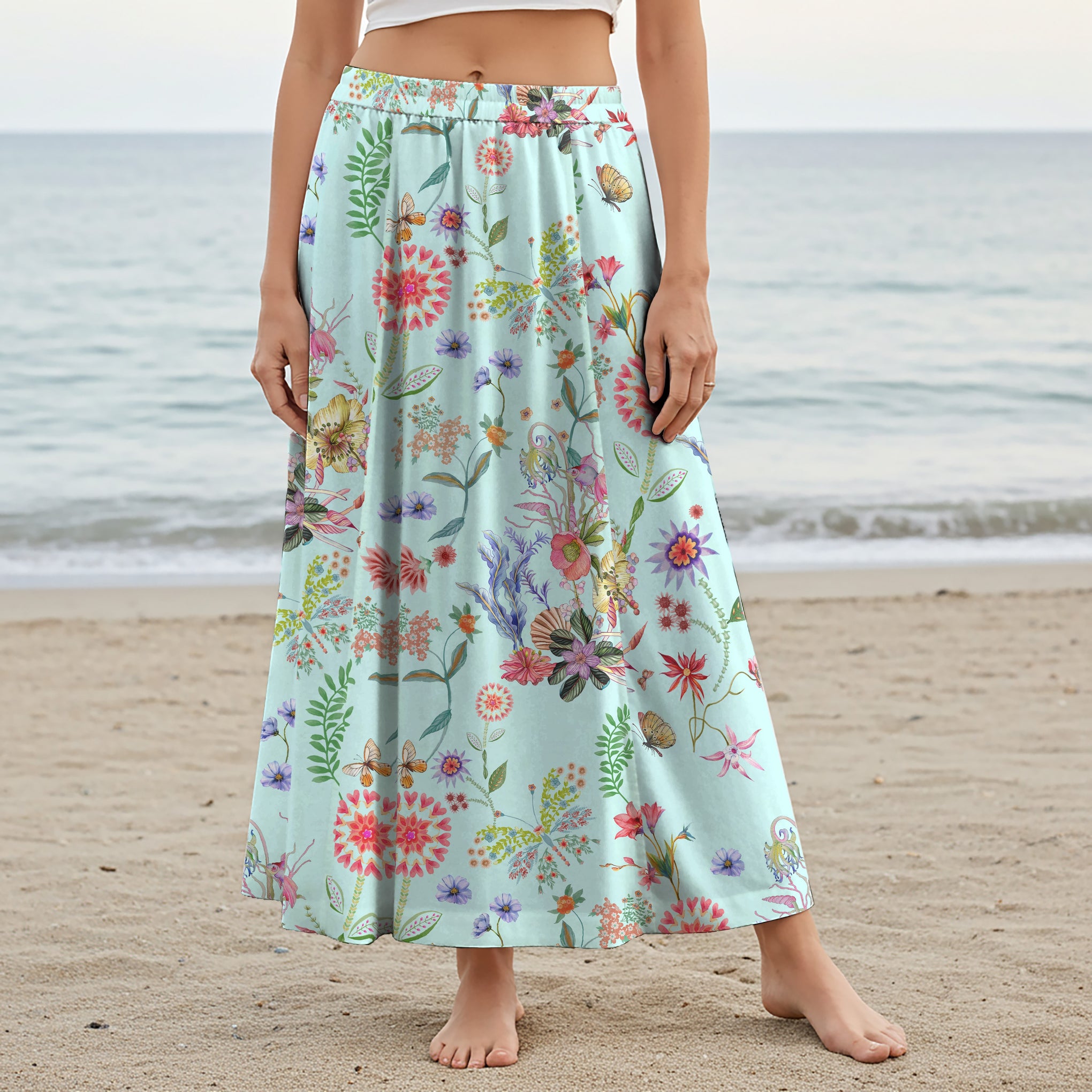 Women Casual Maxi Skirt Long Elastic Waist with Pockets 100% Cotton Green Aloha Spring Blossoms And Butterflies Dancing Painting