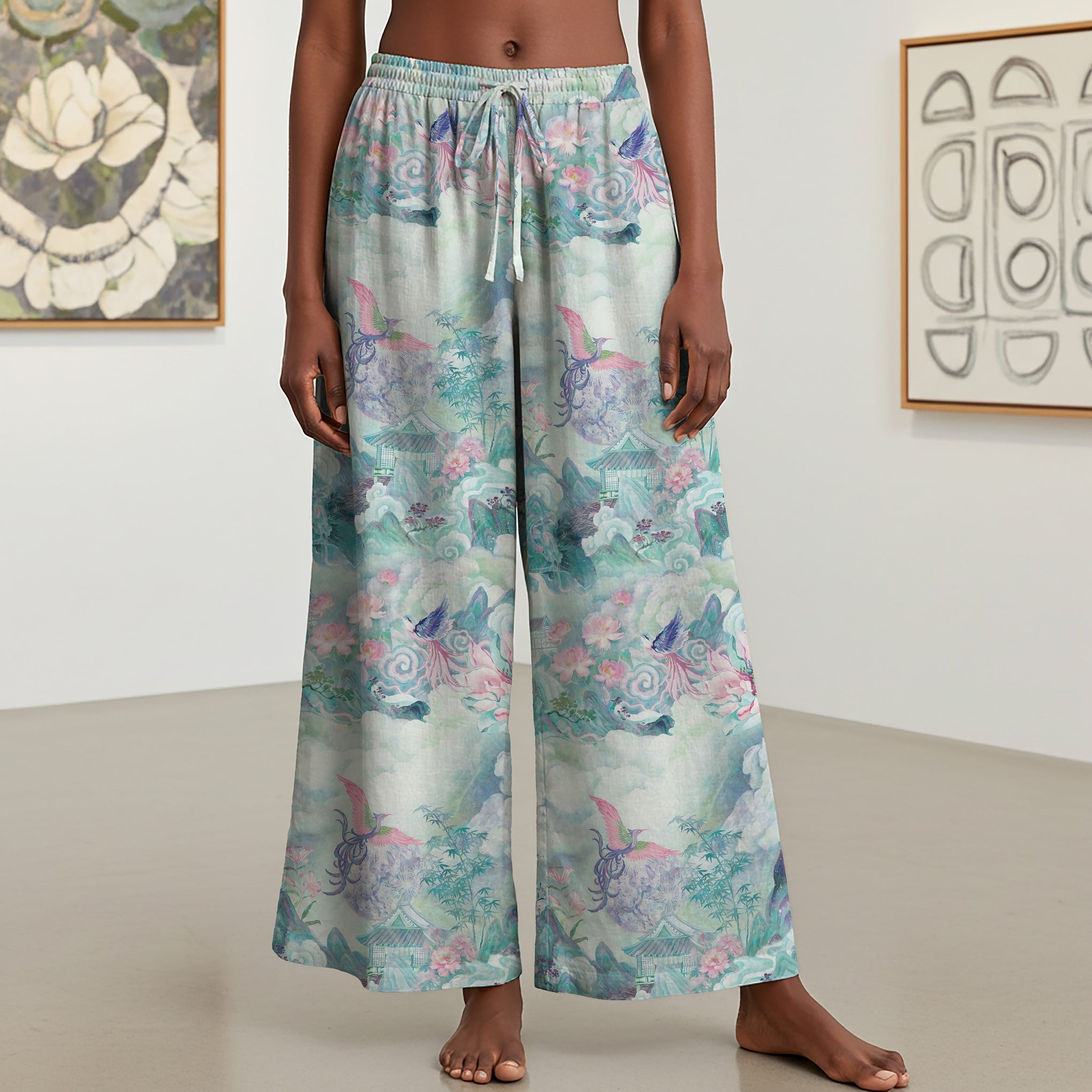 Women Casual Pants Lounge Elastic Waist Drawstring with Pockets 93% Lyocell, 7% Linen Blue Aloha Painted Scroll Of The Celestial Garden