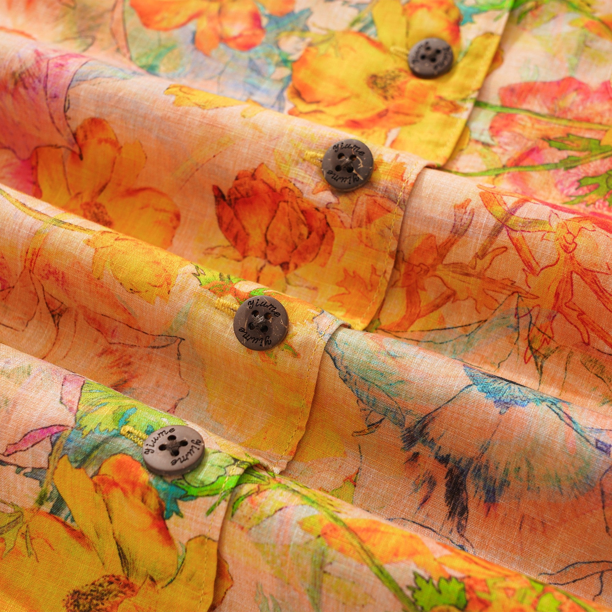 Women's Hawaiian Shirt Short Sleeve Camp Collar 100% Cotton Yellow Aloha Ranunculus Flowers By Pascale Dilger