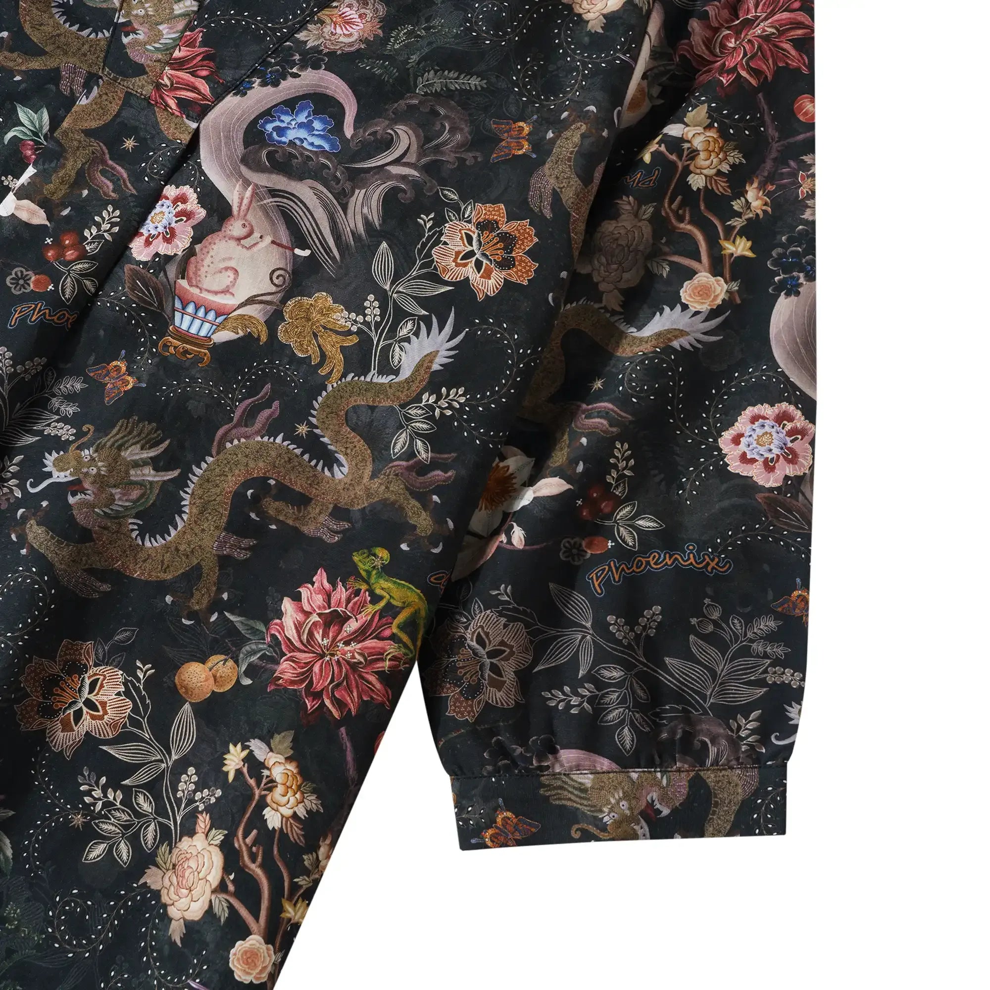 Side view of black blouse with dragon print, V-neck, 3/4 sleeve