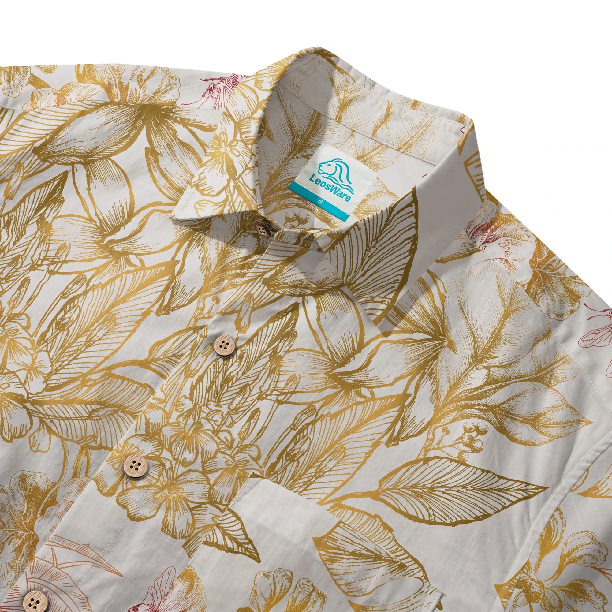 Close-up of tropical floral pattern on men's Hawaiian shirt