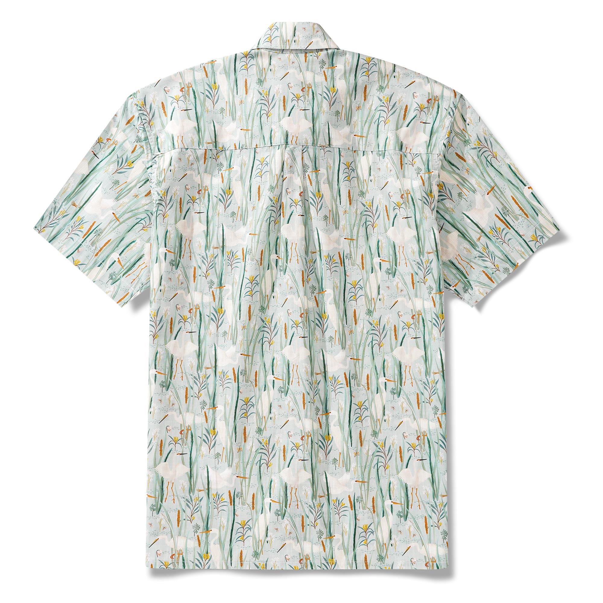 Chemise hawaïenne masculine à manches courtes à manches courtes 100% coton vert aloha oiseaux du billabong par Katherine Quinn