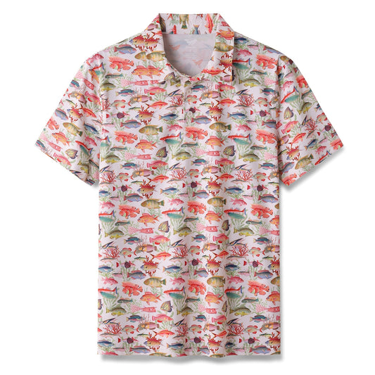 Chemise Polo Hawaïenne pour Hommes Imprimé Poissons de Mer Océan à Manches Courtes