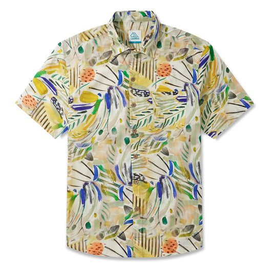 LeosWare® Men's Hawaiian Shirt Short Sleeve Button-up 100% Cotton Yellow Aloha Vivid Tropical Plant Illustration