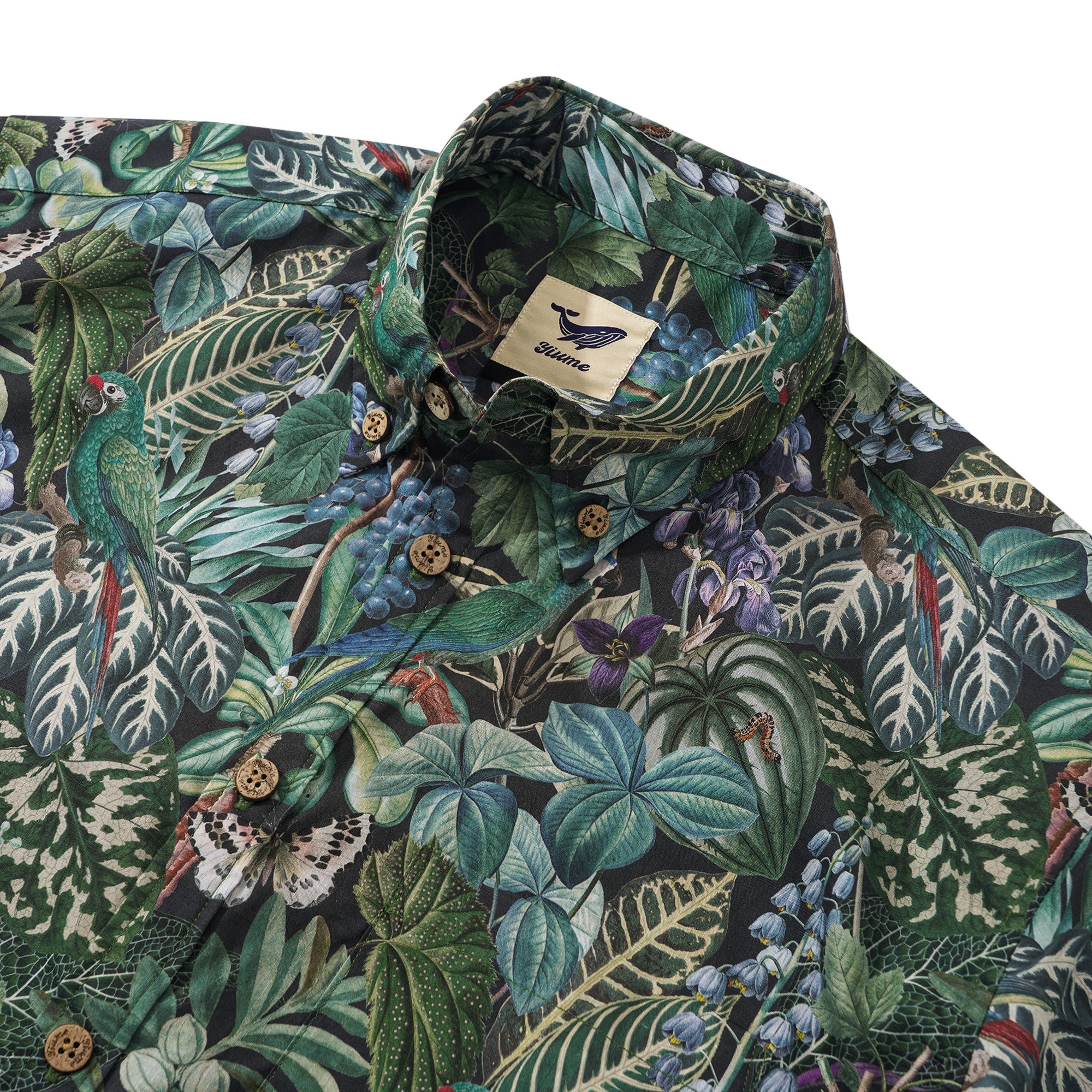Chemise hawaïenne pour homme à manches courtes, boutonnée, 100 % coton, verte, Aloha Murmures de la jungle