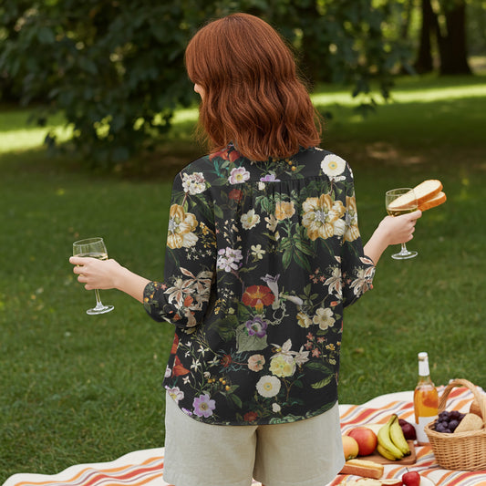 Women Casual Blouse 3/4 Sleeve V-neck Shirt Collar 95% Lyocell, 5% Linen Black Aloha Night Banquet Blossoms