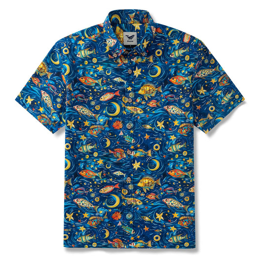 Oceanic Starscape Hawaiian Shirt for Men, 100% Cotton, Blue
