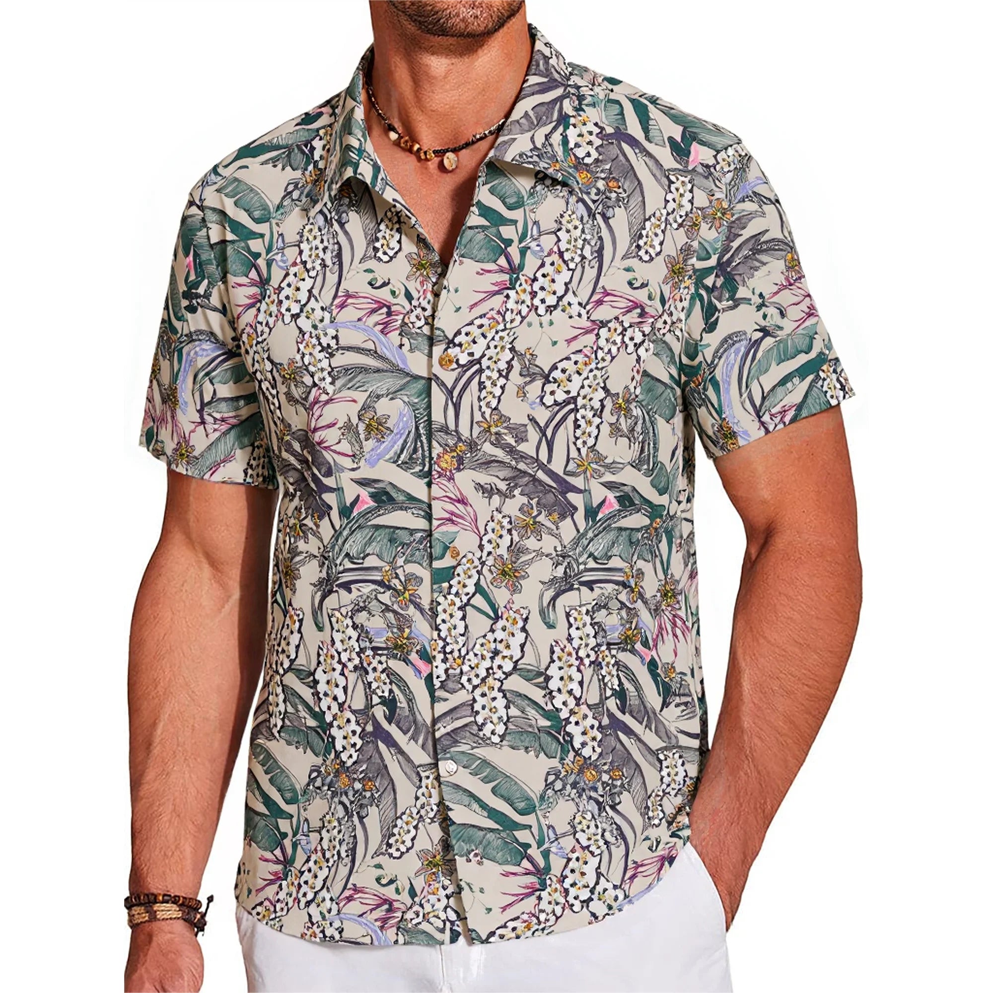 LeosWare® Men's Hawaiian Shirt Short Sleeve Button-up 100% Cotton Beige Aloha Fresh Tropical Plant Art