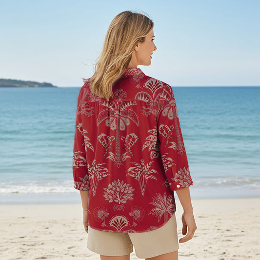 Women Casual Blouse 3/4 Sleeve V-neck Shirt Collar 100% Lyocell Red Aloha Retro Tropical Sparkle