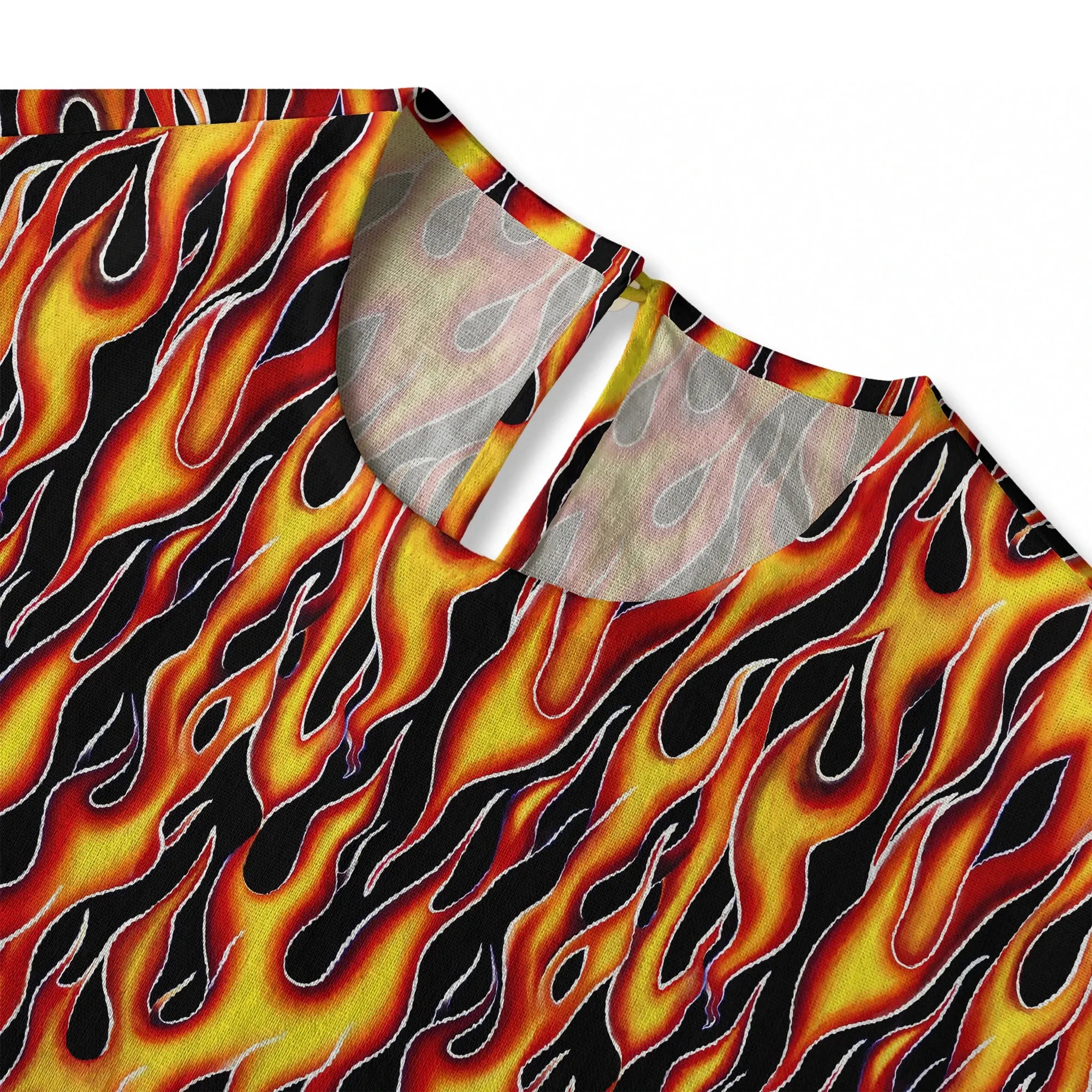 Aloha Flame Surge women's blouse, vibrant yellow and orange design