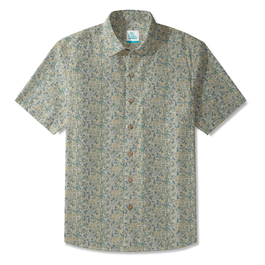 LeosWare® Men's Hawaiian Shirt Short Sleeve Button-up 100% Cotton Green Aloha Wildflower Collection