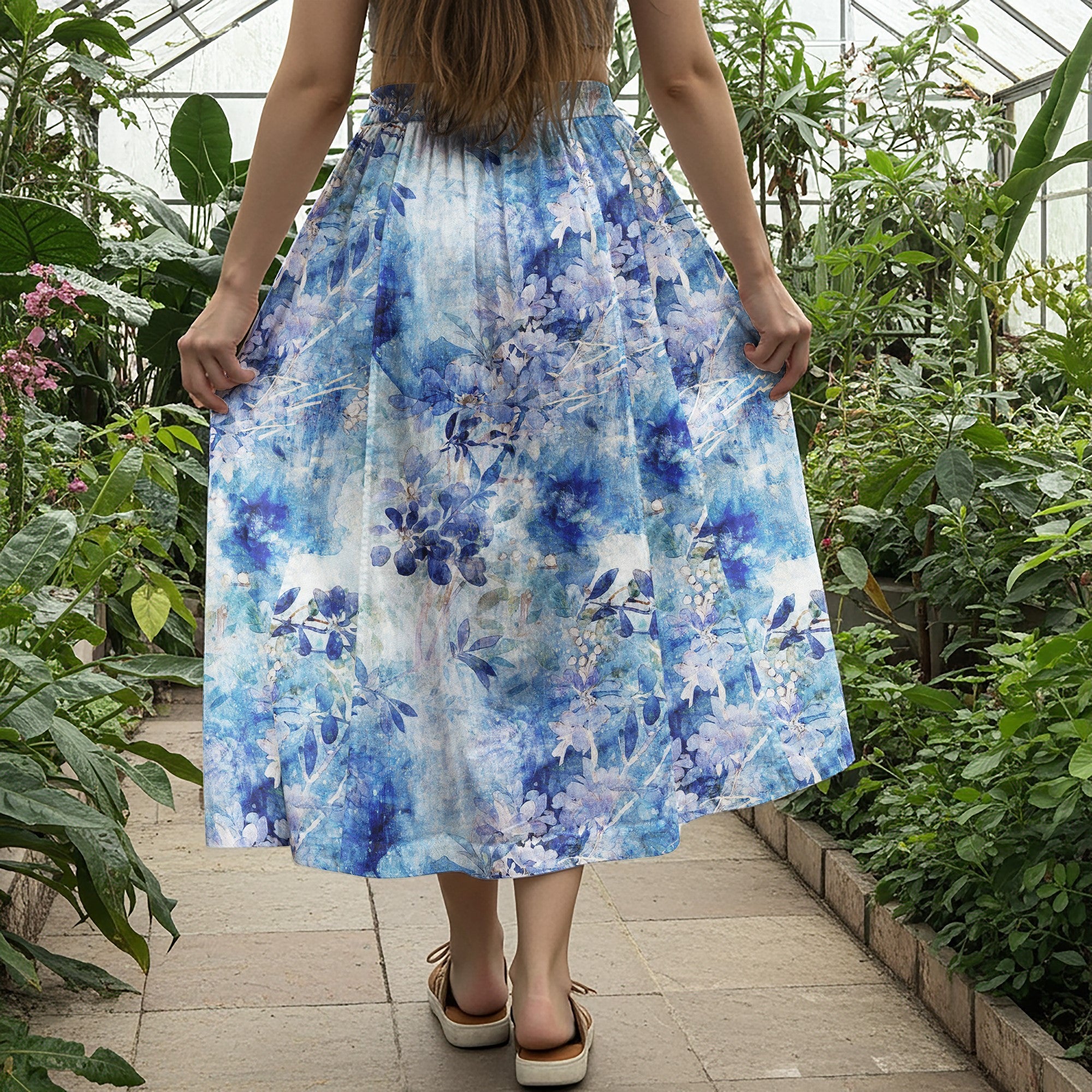 Women Casual Maxi Skirt Long Elastic Waist with Pockets 100% Cotton Blue Aloha Blue Dreams