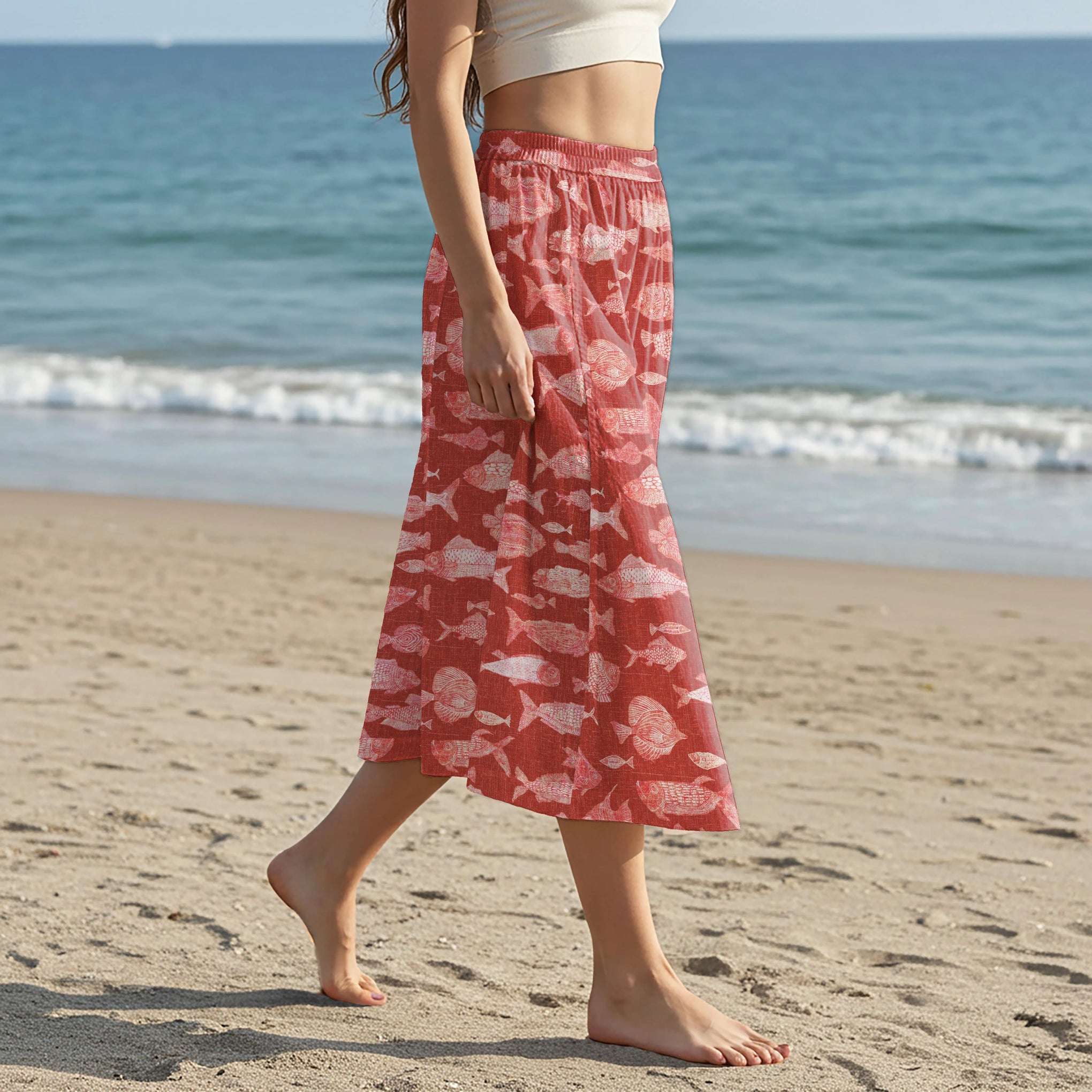 Women Casual Maxi Skirt Long Elastic Waist with Pockets 100% Cotton Red Aloha Red Fish Reverie