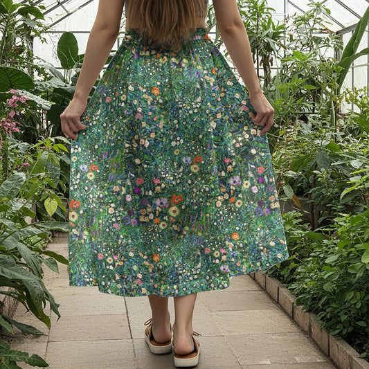 Women Casual Maxi Skirt Long Elastic Waist with Pockets 100% Cotton Green Aloha Artistic Garden