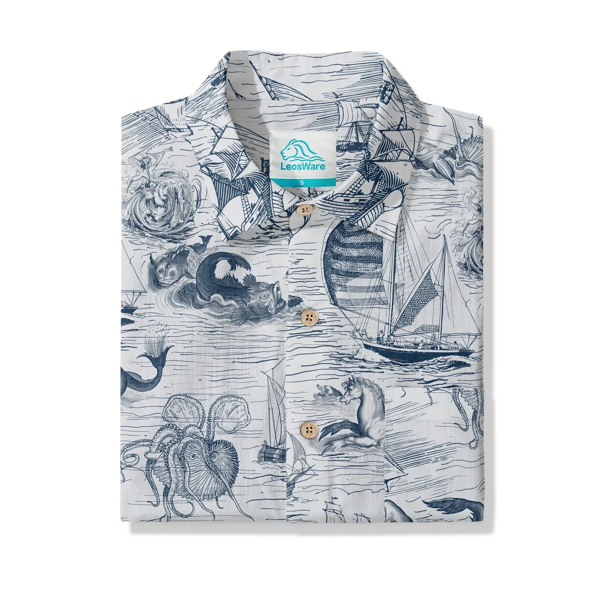 Men's Hawaiian shirt with blue and white oceanic print