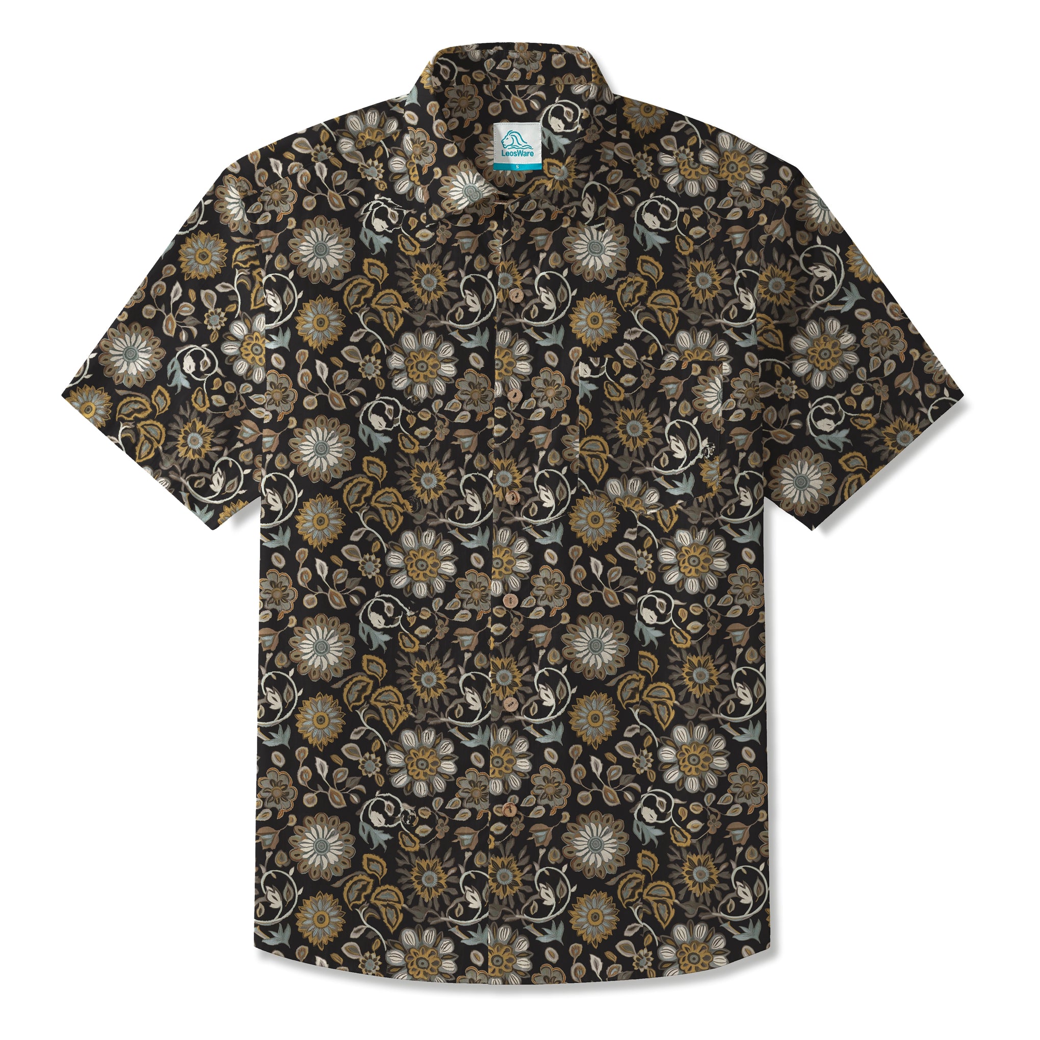 LeosWare® Men's Hawaiian Shirt Short Sleeve Button-up 100% Cotton Black Aloha Paisley Art