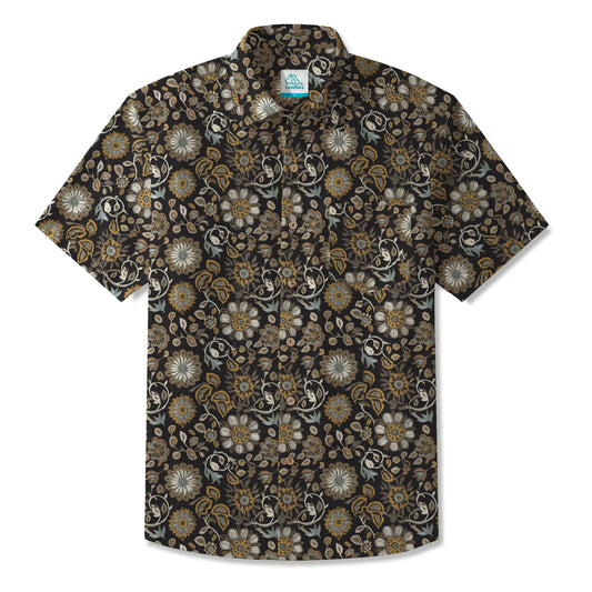 LeosWare® Men's Hawaiian Shirt Short Sleeve Button-up 100% Cotton Black Aloha Paisley Art