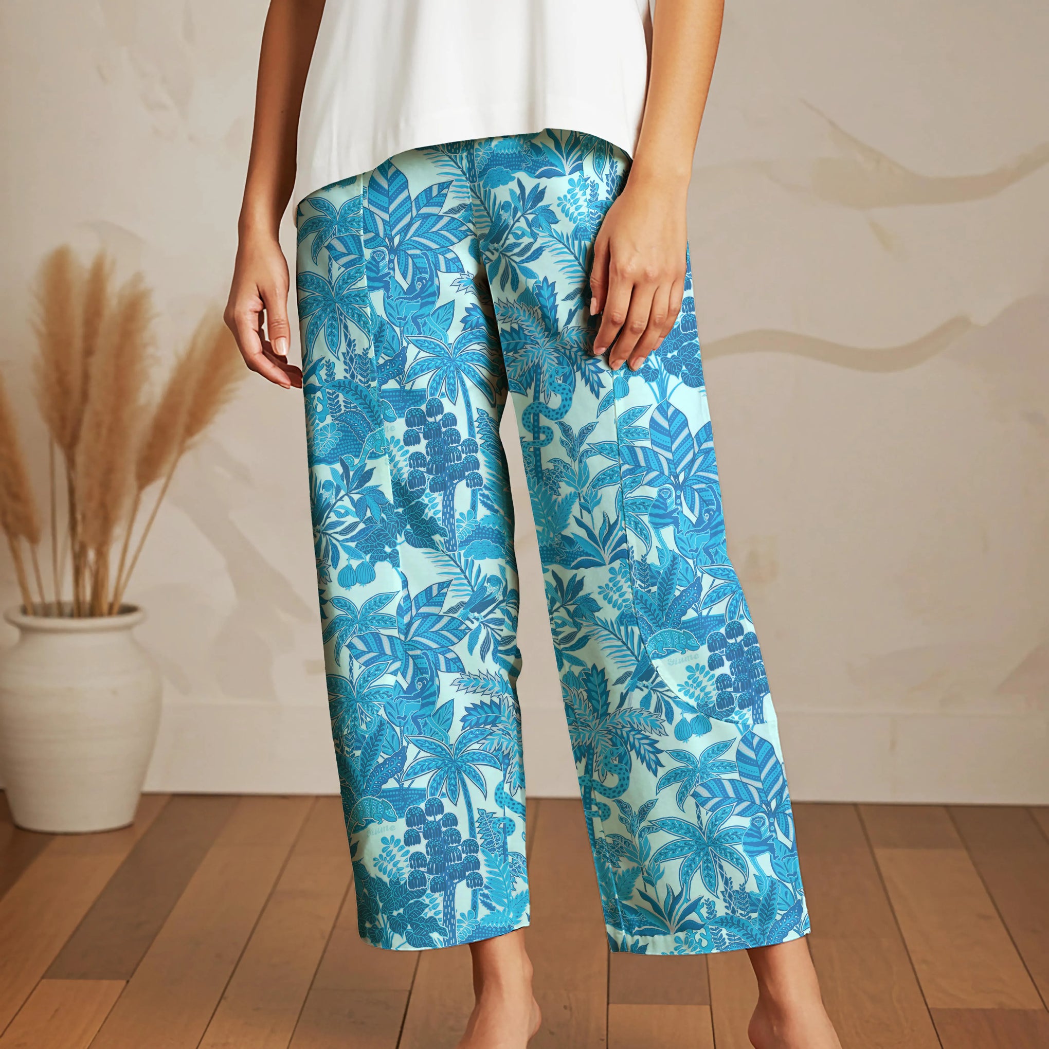 Women Casual Ankle Pants Lounge Elastic Waist with Pockets 93% Lyocell, 7% Linen Blue Aloha Jungle Paradise