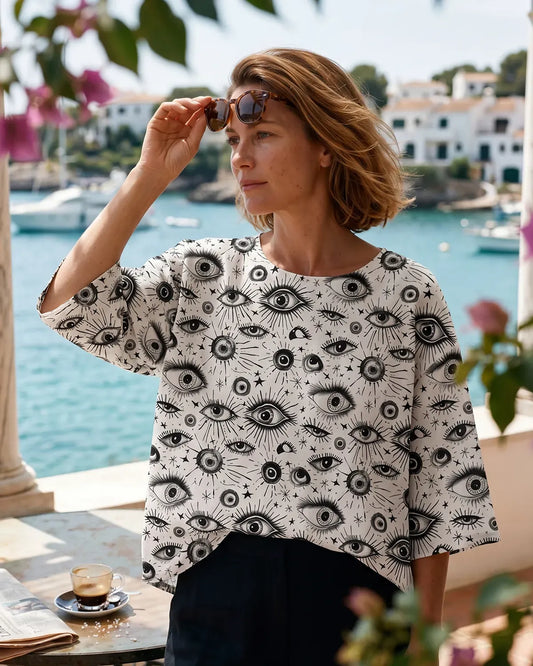 Women's Aloha Starlight Eye blouse, elbow sleeve, crew neck