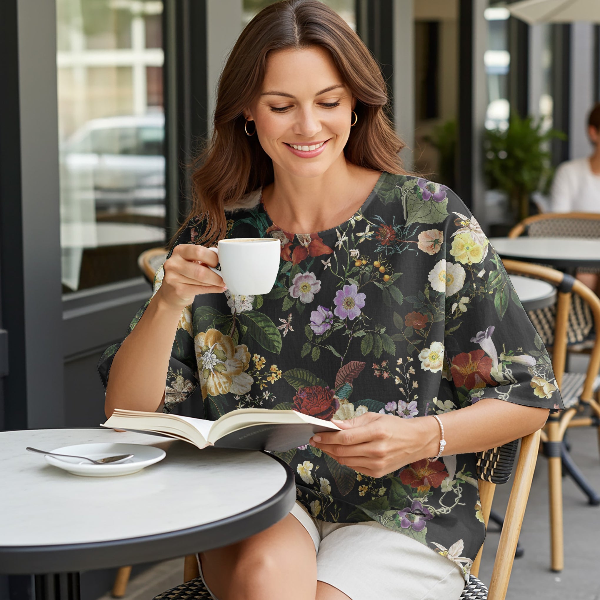 Women Casual Blouse Elbow Sleeve Round Neck Button-Back 95% Lyocell, 5% Linen Black Aloha Night Banquet Blossoms