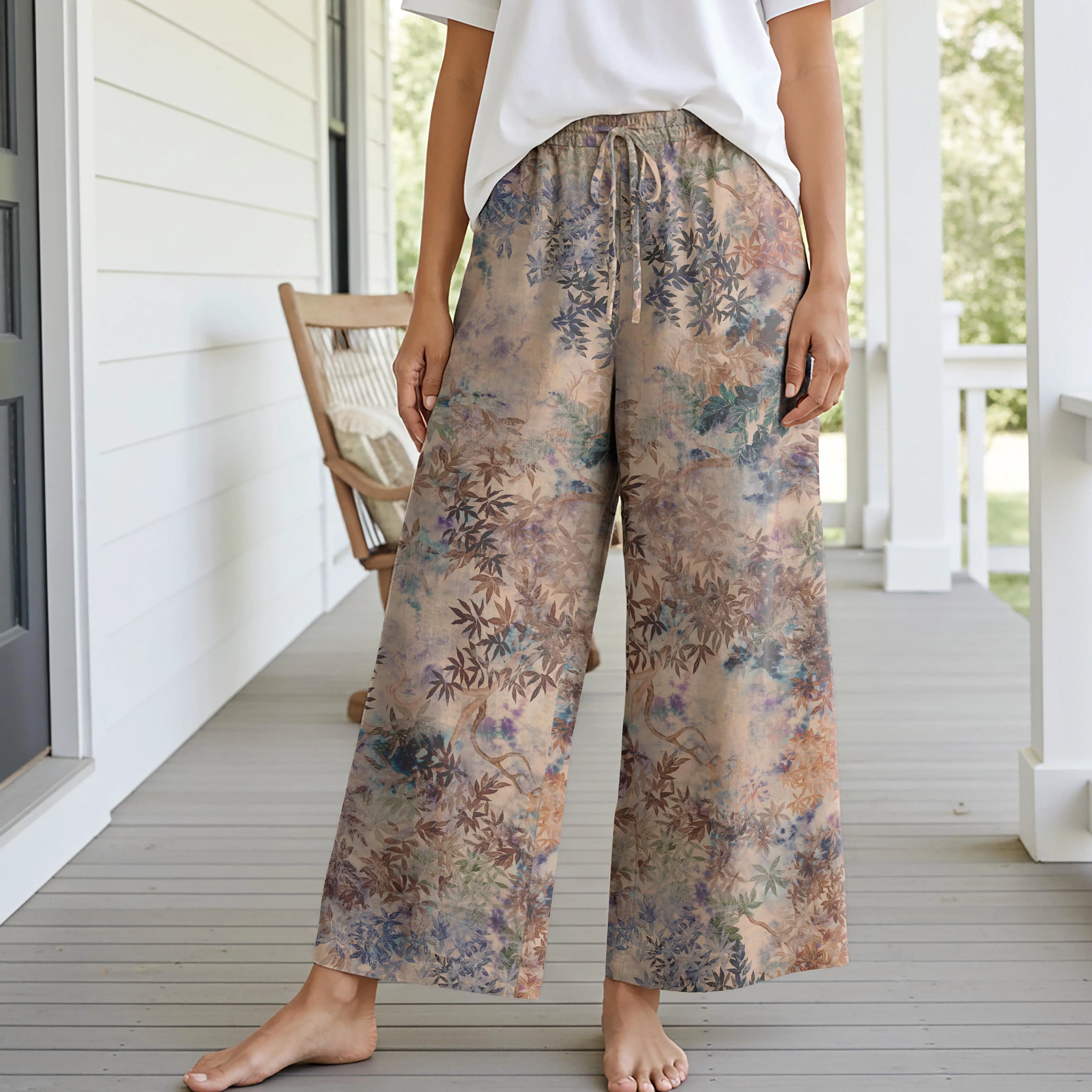 Women Casual Pants Lounge Elastic Waist Drawstring with Pockets 93% Lyocell, 7% Linen Brown Aloha Autumn Forest Shadows