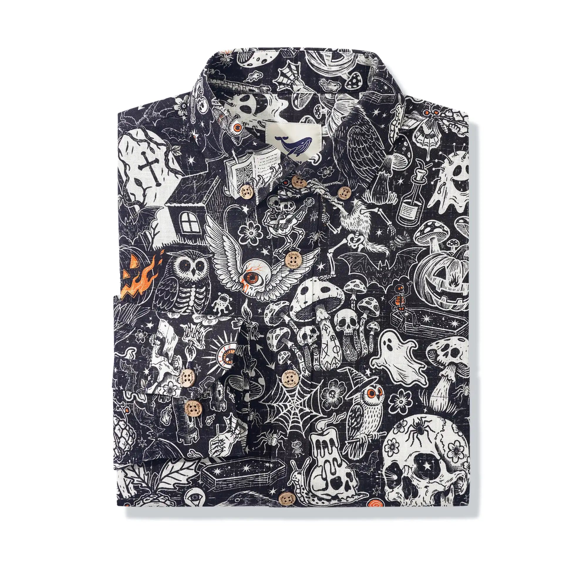 Men's Hawaiian Shirt Long Sleeve Button-down 100% Cotton Black Aloha Halloween Bash