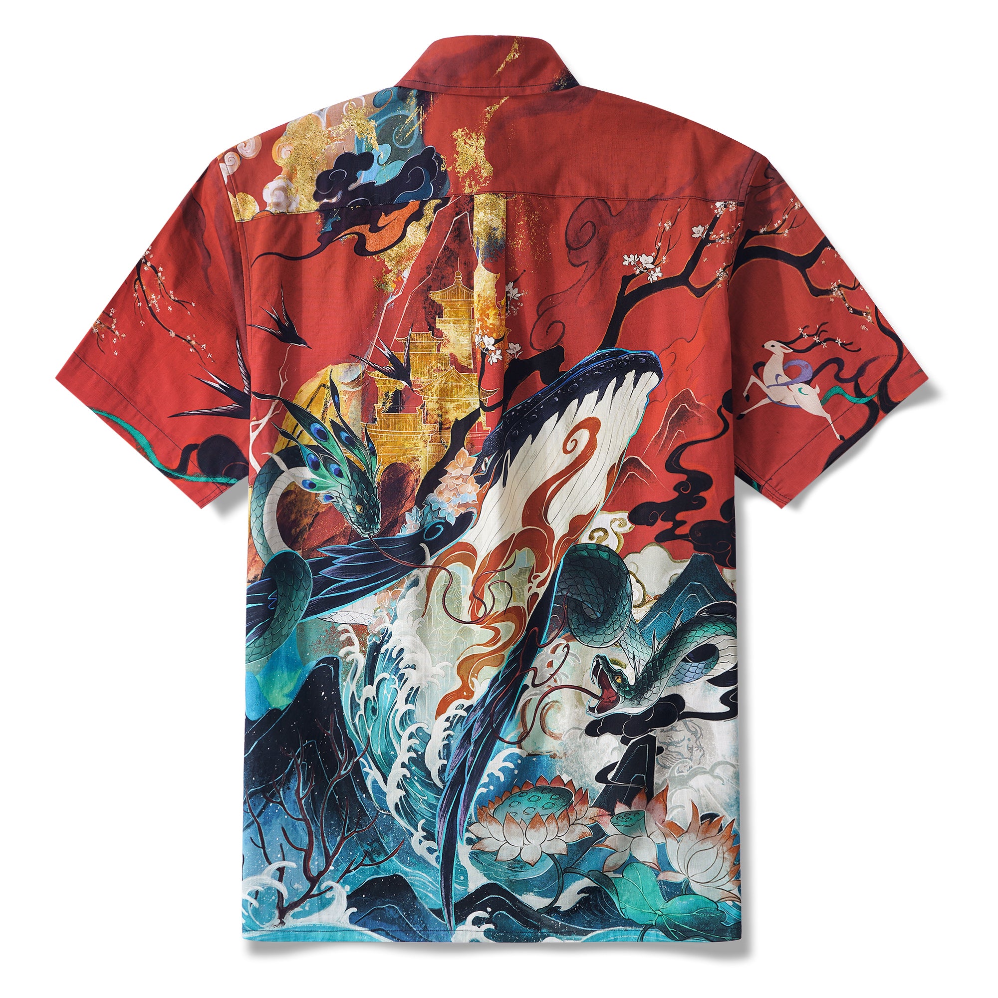 Chinese Art Hawaiian Shirt 100% Cotton Men's Short Sleeve Button-down Red Aloha Shirt Dunhuang Whale Art Shirt
