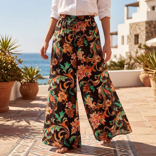 Women's Aloha Fiery Blossoms art shirt palazzo pants, brown, resort wear