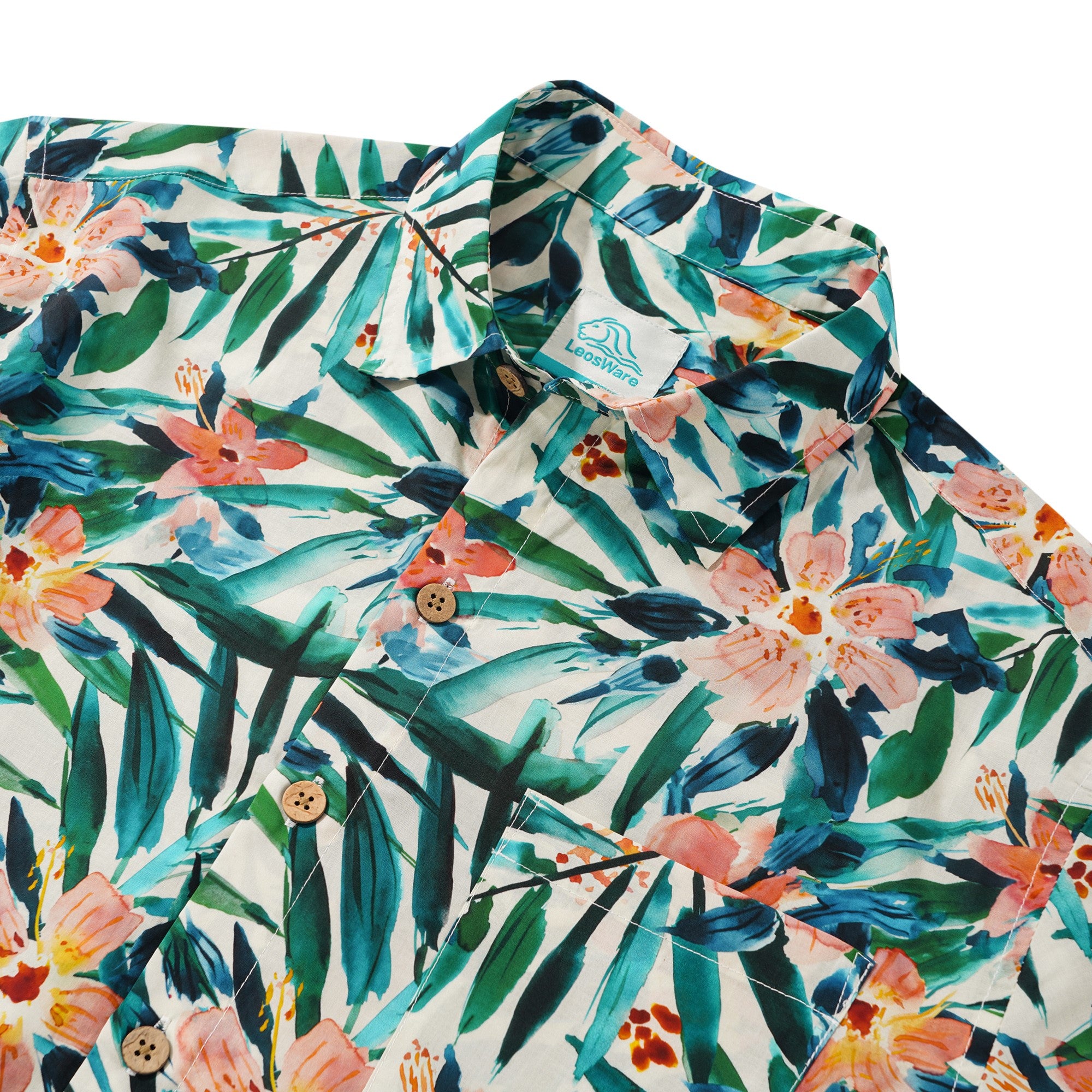 LeosWare® Men's Hawaiian Shirt Short Sleeve Button-up 100% Cotton Green Aloha Fresh Floral And Leaf Artistic Painting