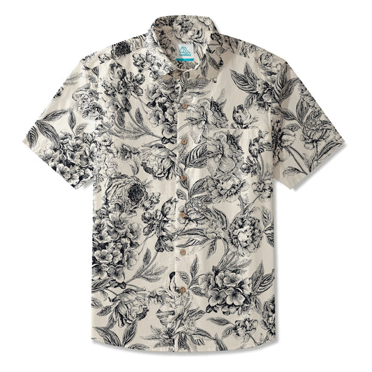 LeosWare® Men's Hawaiian Shirt Short Sleeve Button-up 100% Cotton Gray Aloha Vintage Gray Blossoms