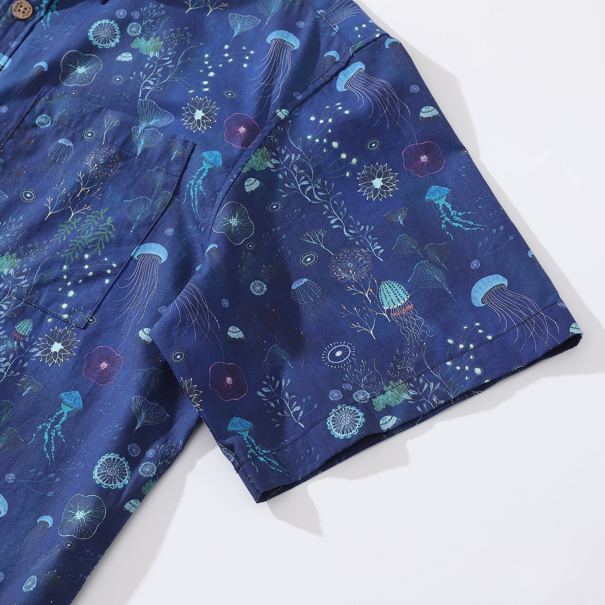 Men's Deep Blue Hawaiian Shirt 100% Cotton Button-down Short Sleeve Jellyfish Aloha Shirt