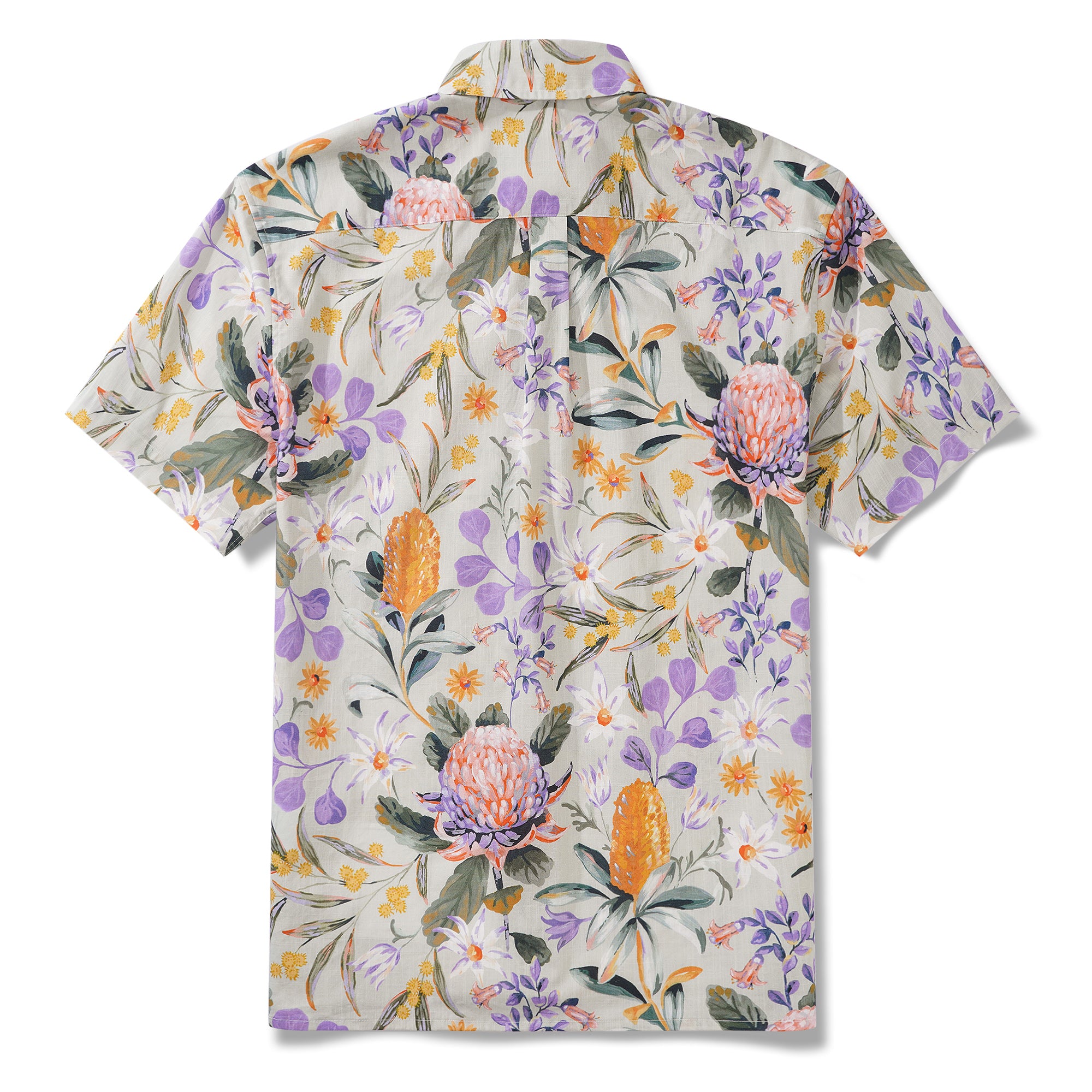 Bushwalk par Jayne Branchflower Chemise à manches courtes pour homme 100% coton Boutonnée Violet Aloha Hawaïenne