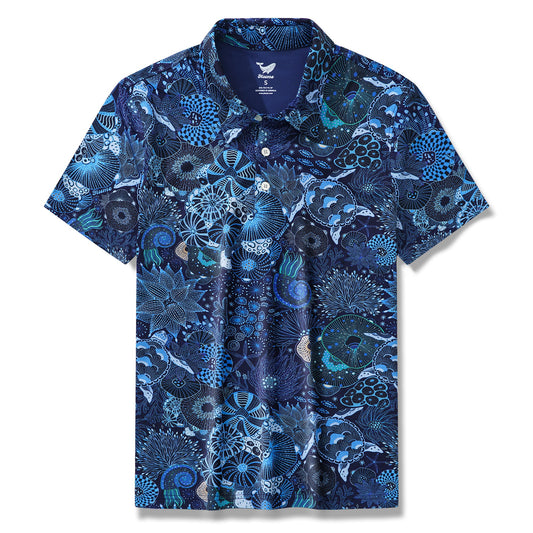 Men's Blue Aloha Reef Polo Shirt with marine life design