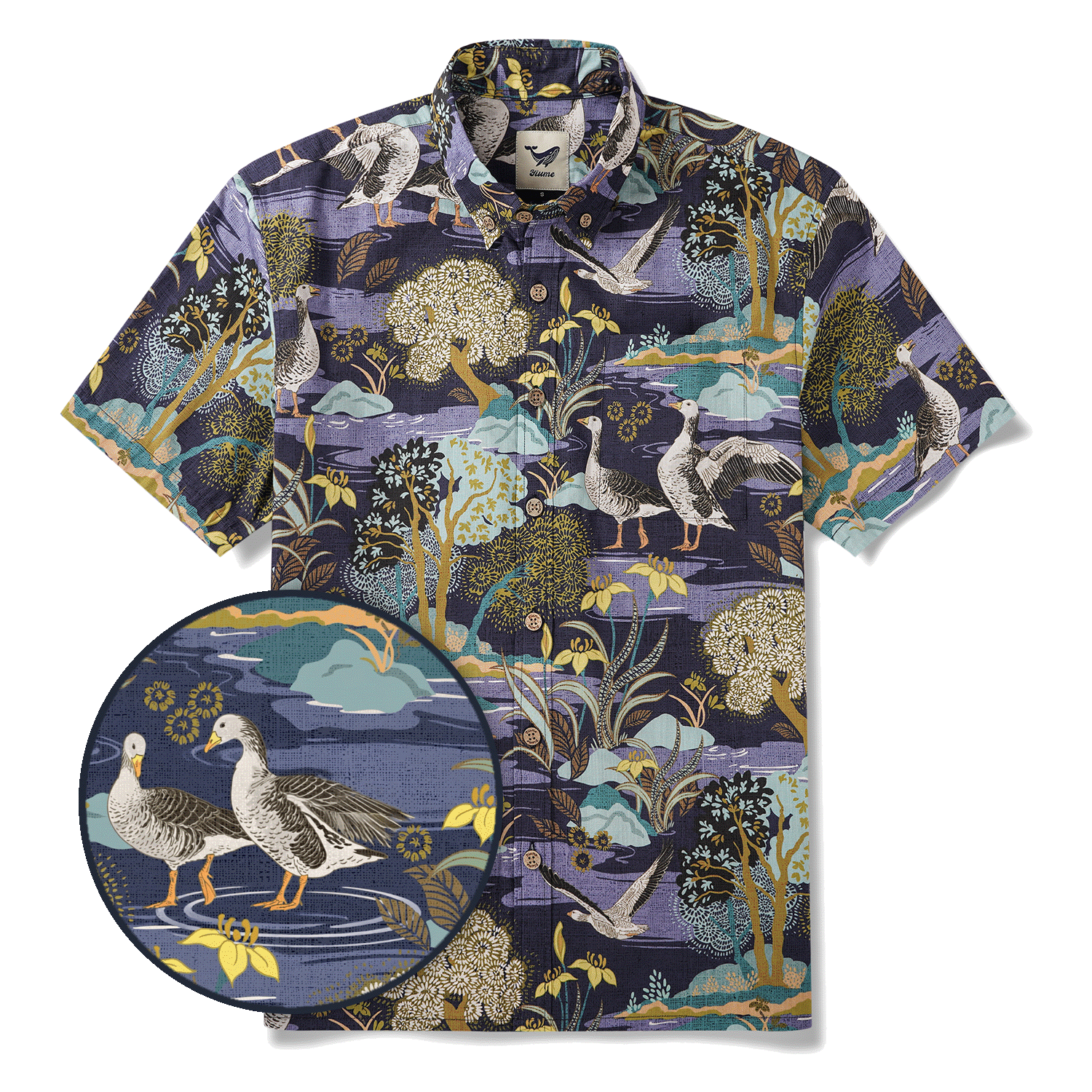 Men's Hawaiian Shirt Short Sleeve Button-down 100% Cotton Blue Aloha The Yellow Iris River By Abigail Bryan