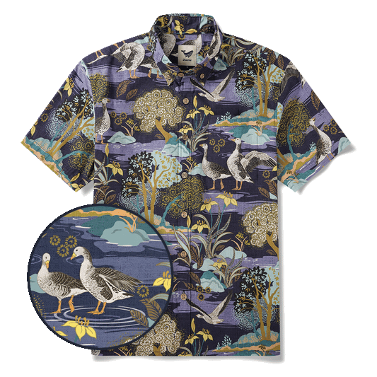 Herren Hawaii-Hemd Kurzarm Button-down 100% Baumwolle Blau Aloha Der Gelbe Irisfluss von Abigail Bryan