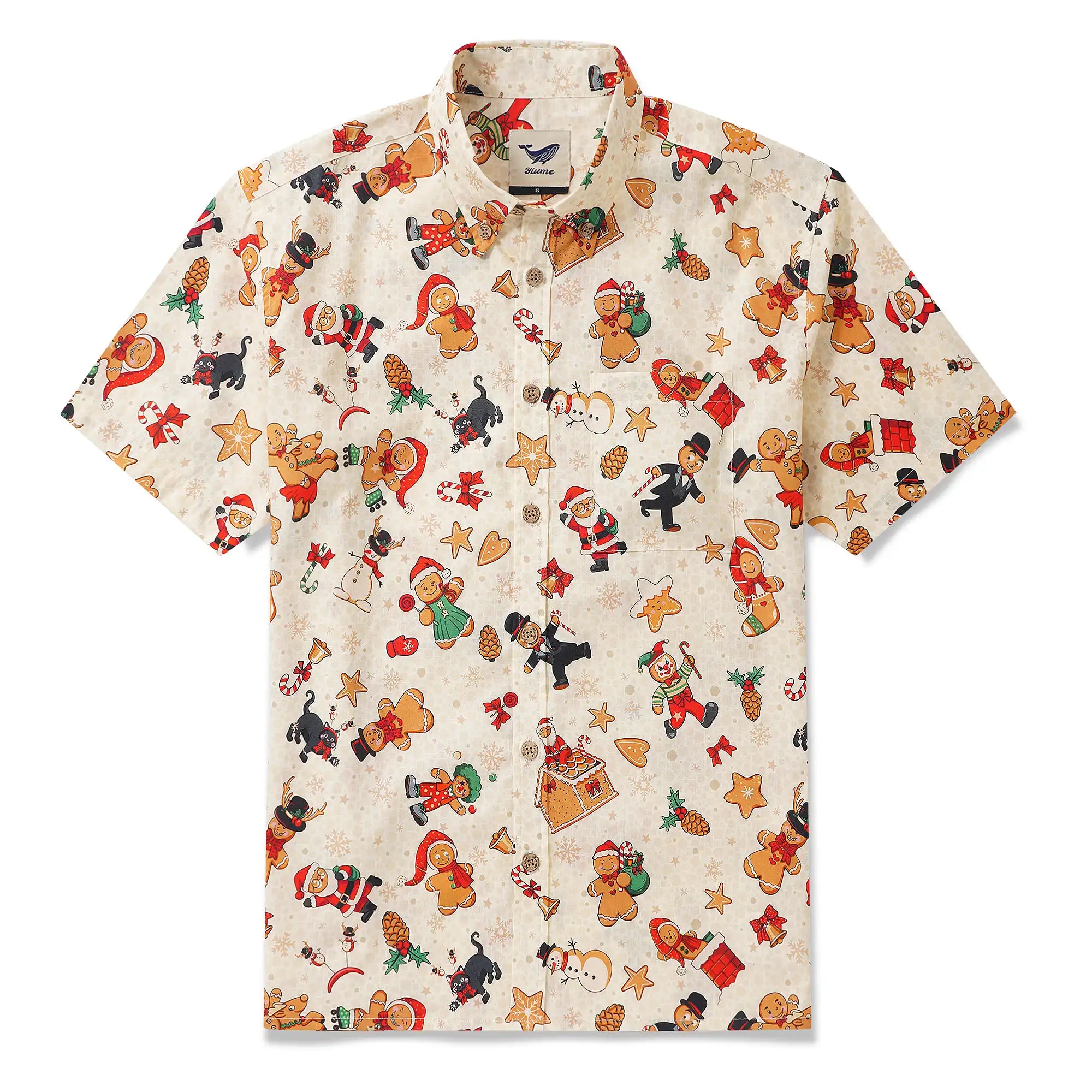 Men's Hawaiian Shirt Short Sleeve Button-down 100% Cotton Beige Aloha Gingerbread Christmas Carnival