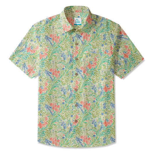 LeosWare Men's Hawaiian Shirt with green floral pattern