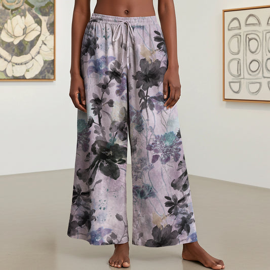 Women Casual Pants Lounge Elastic Waist Drawstring with Pockets 93% Lyocell, 7% Linen Purple Aloha Ink Purple Floral Haven