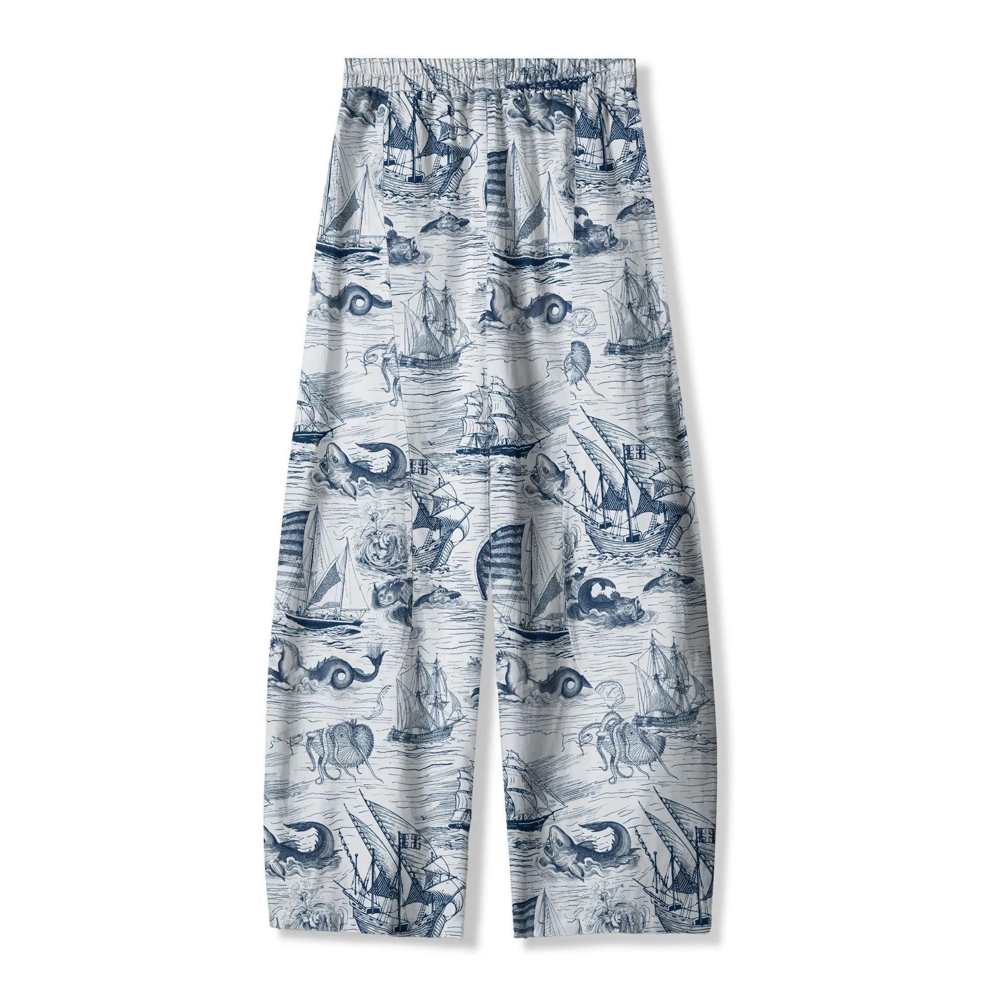 Women's blue aloha pants with mythical sea creatures