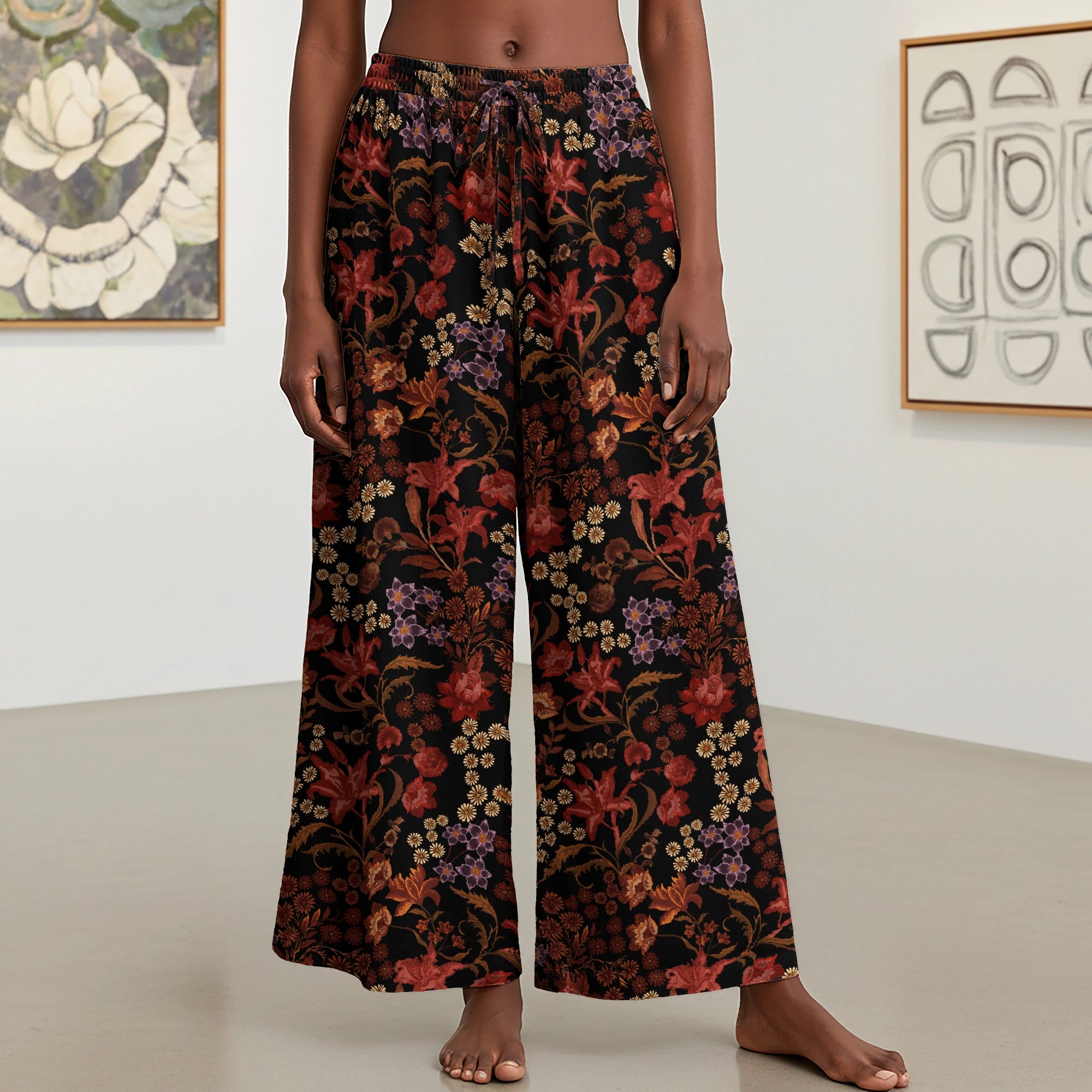 Women Casual Pants Lounge Elastic Waist Drawstring with Pockets 93% Lyocell, 7% Linen Red Aloha Dark Floral Legend