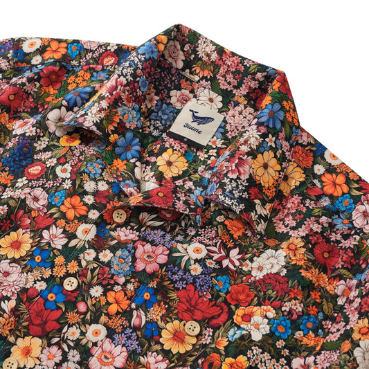 100% Silk Men's Hawaiian Shirt Short Sleeve Camp Collar 100% Silk Blue Aloha Among The Flowers