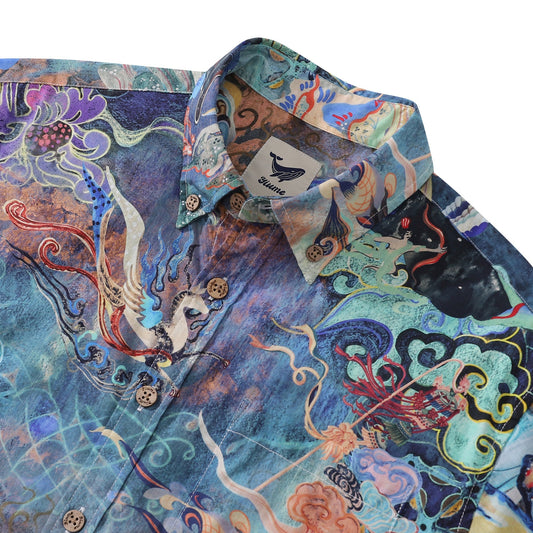 Blue Hawaiian Shirt with Mythical Elements for Men