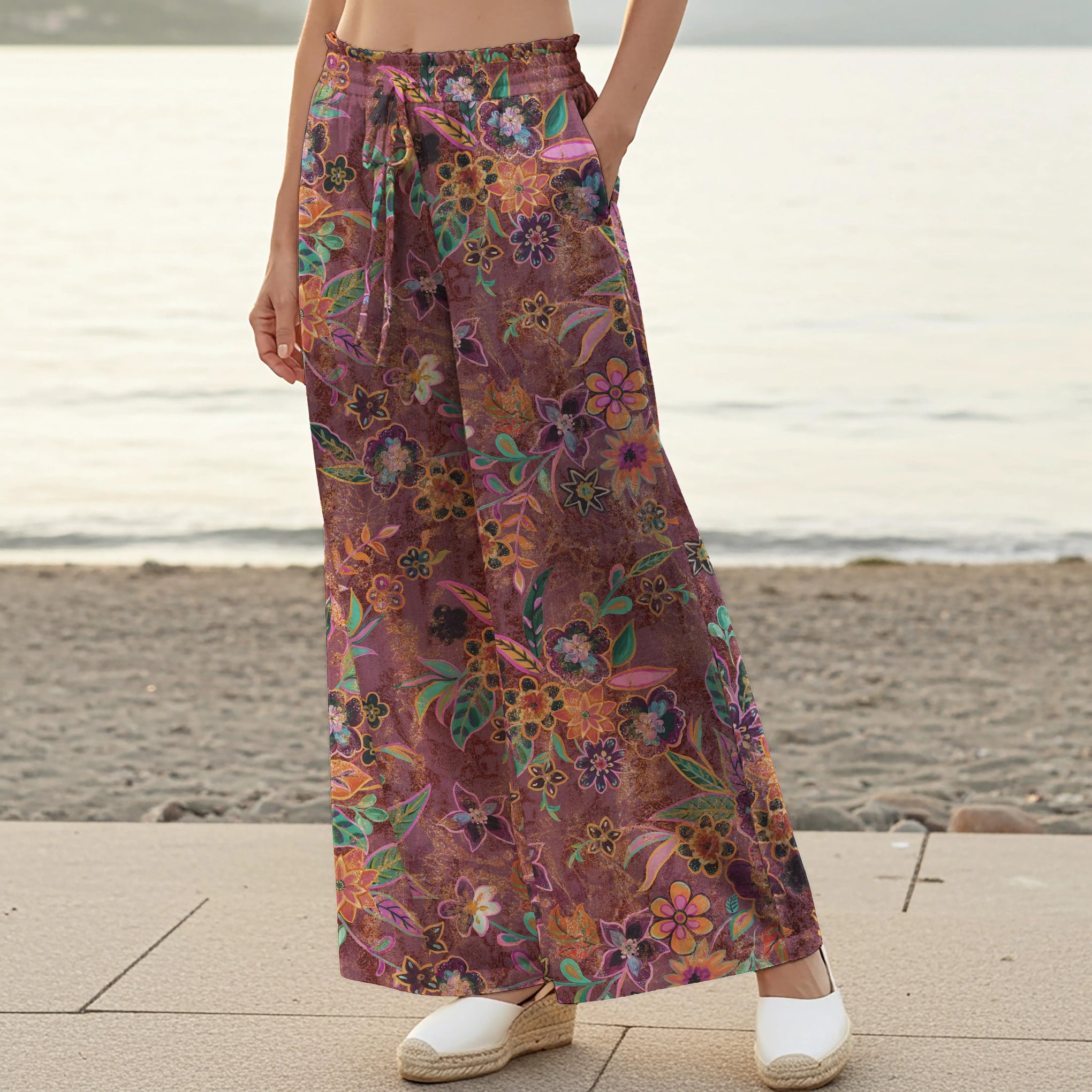Women Casual Pants Lounge Elastic Waist Drawstring with Pockets 100% Cotton Purple Aloha Artistic Floral Transformations