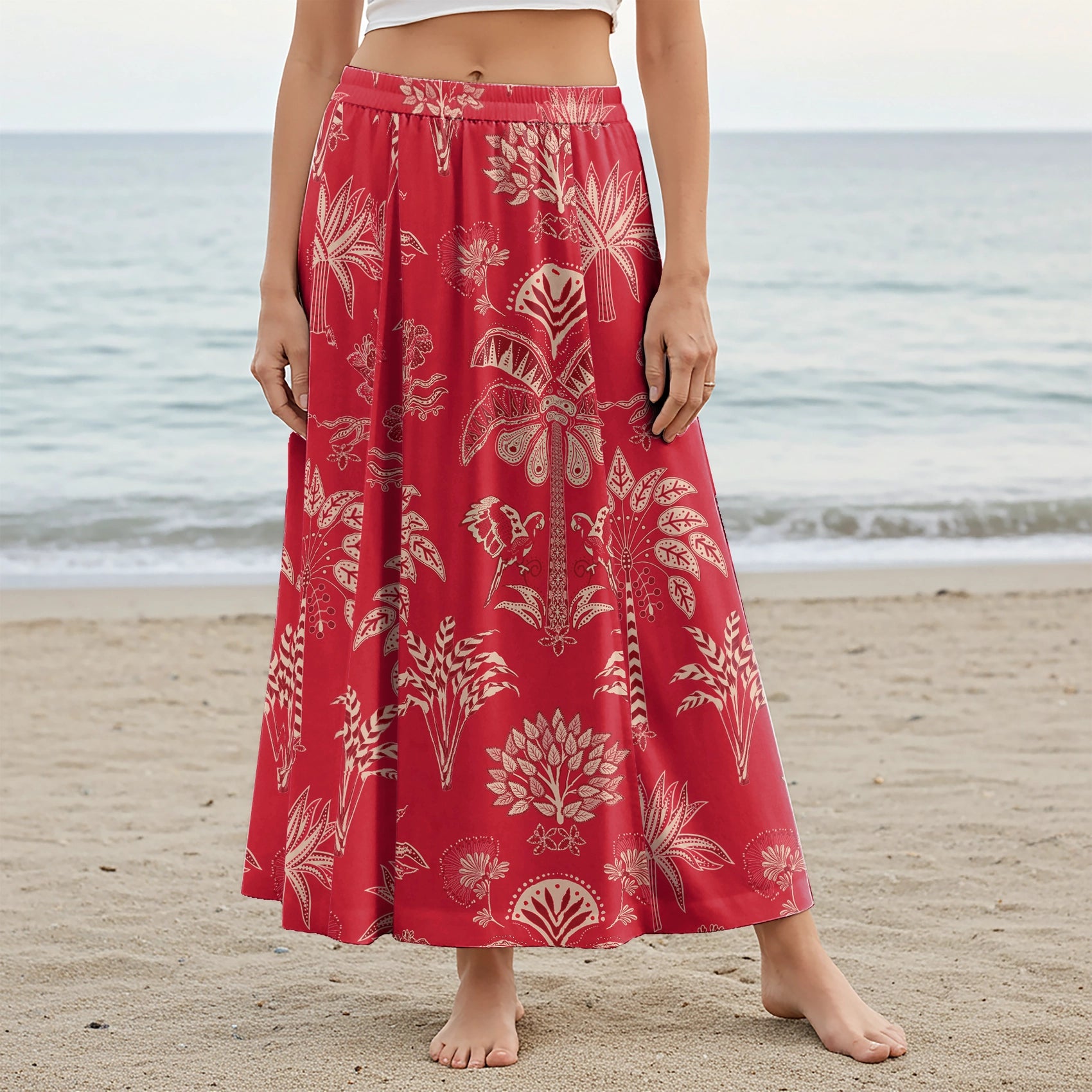 Women Casual Maxi Skirt Long Elastic Waist with Pockets 100% Cotton Red Aloha Retro Tropical Sparkle