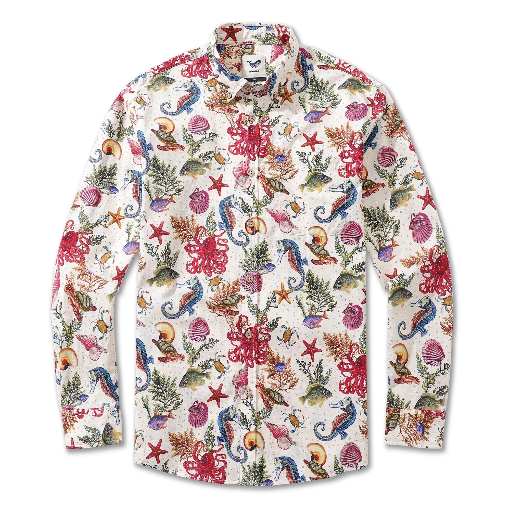 Men's Hawaiian Shirt Marine Life Seahorse Octopus Print Cotton Button-down Long Sleeve Aloha Shirt Marine Life Long Sleeve Shirt