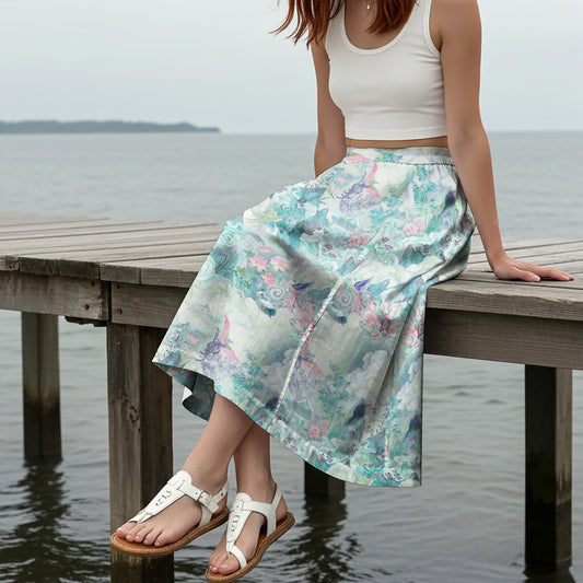 Women Casual Maxi Skirt Long Elastic Waist with Pockets 100% Cotton Blue Aloha Painted Scroll Of The Celestial Garden