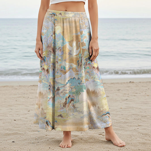 Women Casual Maxi Skirt Long Elastic Waist with Pockets 100% Cotton Aloha Crane Soaring To The Ninth Heaven